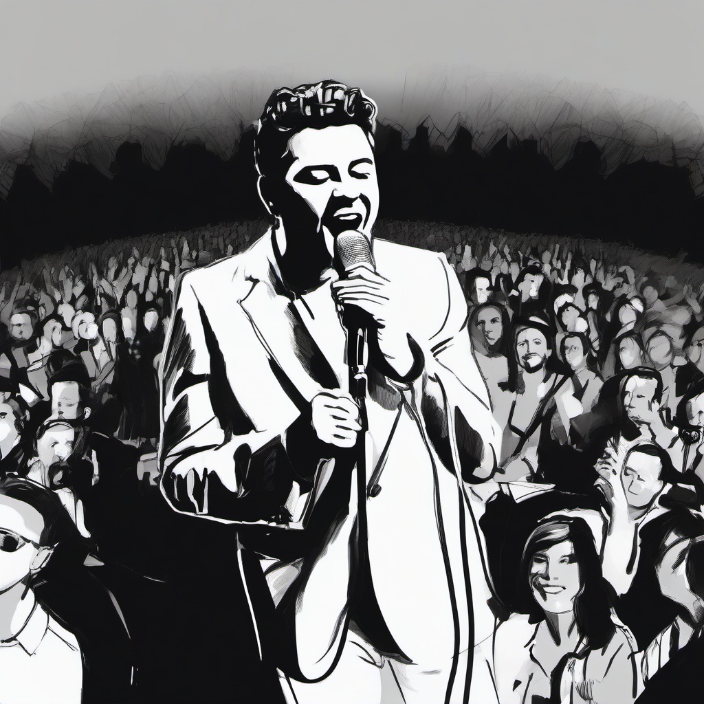 drawing of a famous person with a microphone on stage  minimal rough sketch scribbles,doodles,black and white