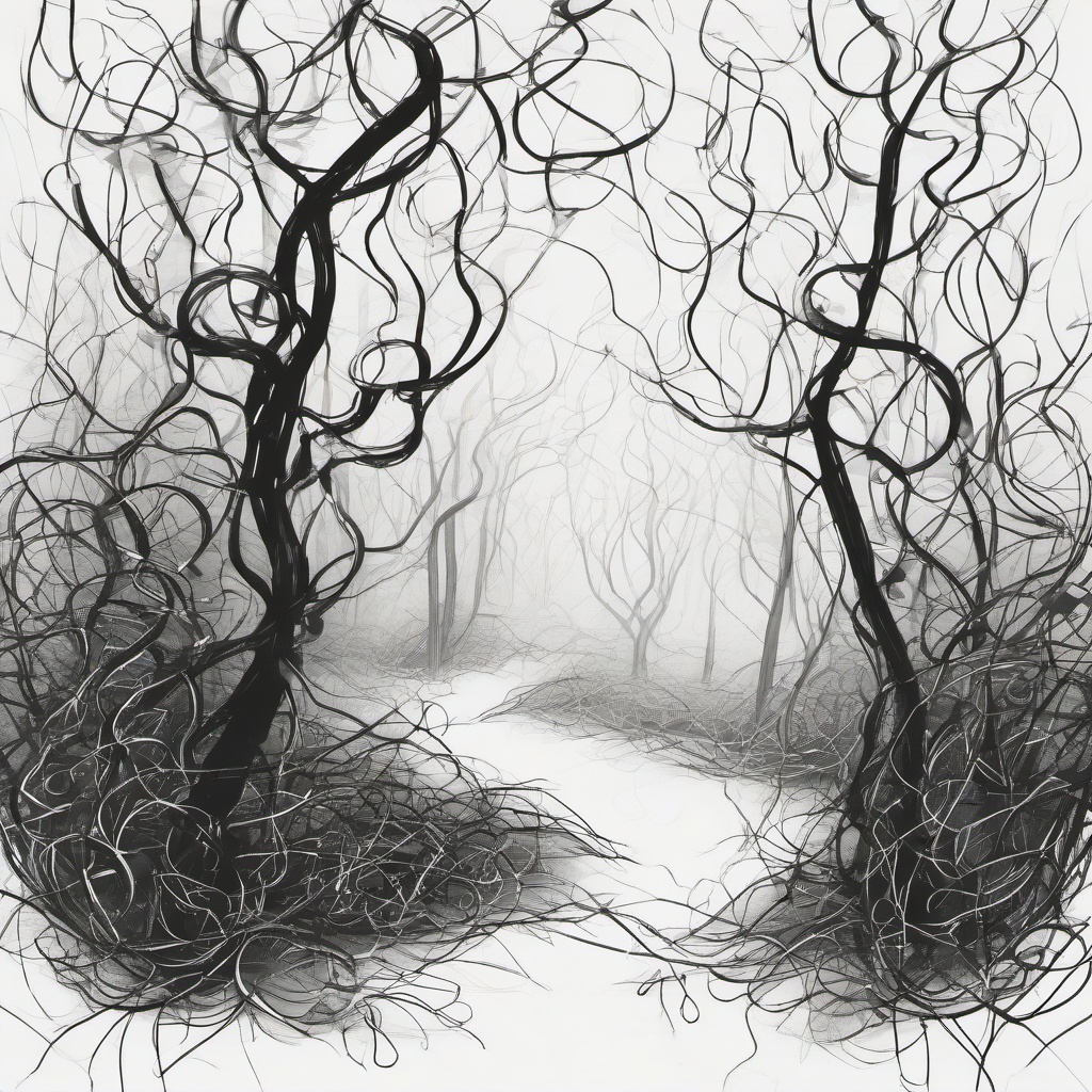 drawing of a vine in a mystical forest  minimal rough sketch scribbles,doodles,black and white