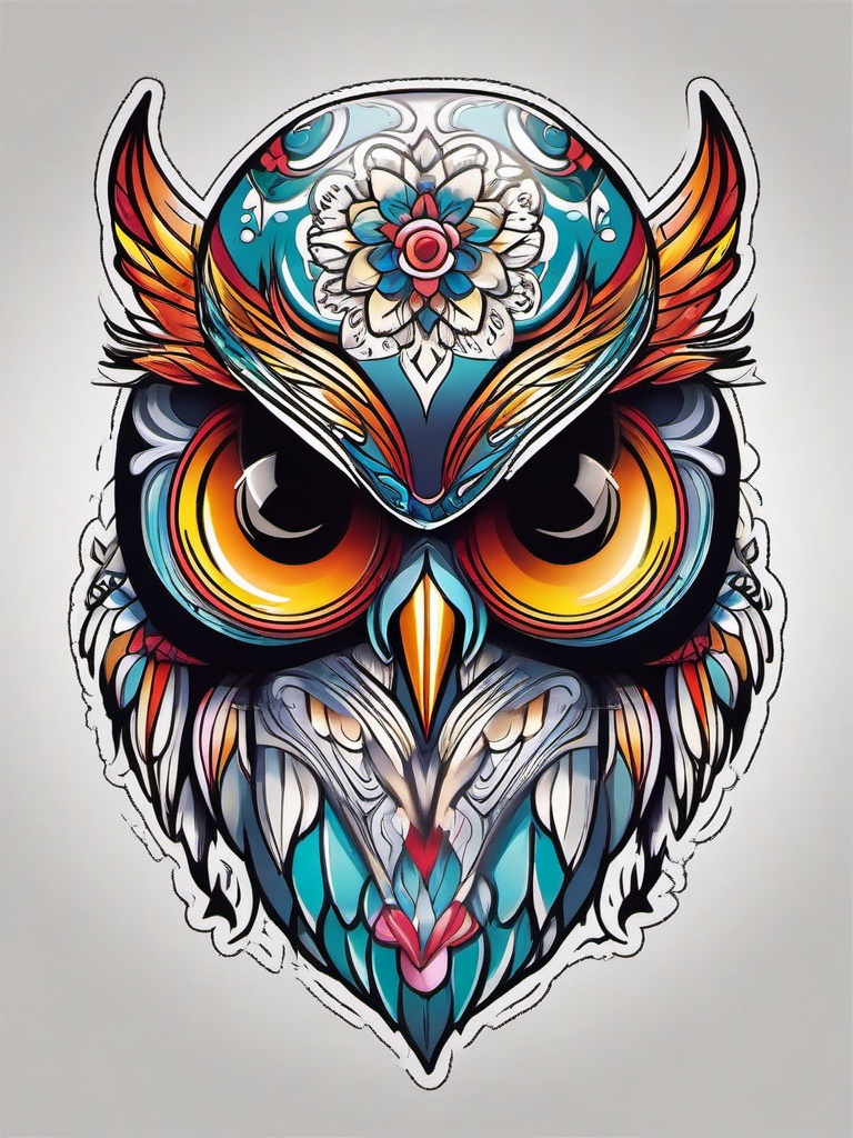 Candy Skull Owl Tattoo - Infuse whimsy and mystique with a candy skull and owl-themed tattoo.  simple color tattoo,vector style,white background