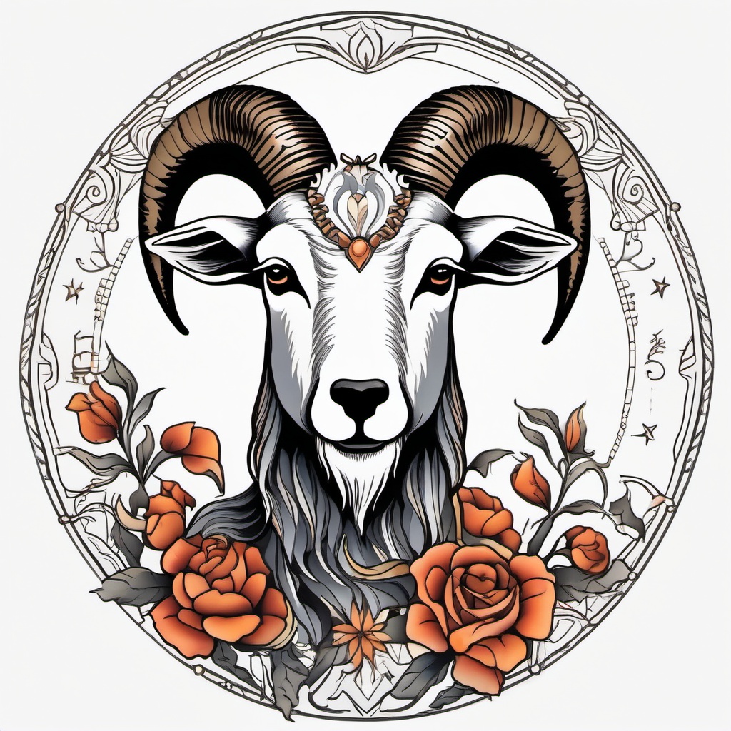 Goat Zodiac Tattoo - A zodiac-inspired tattoo featuring a goat design.  simple color tattoo design,white background