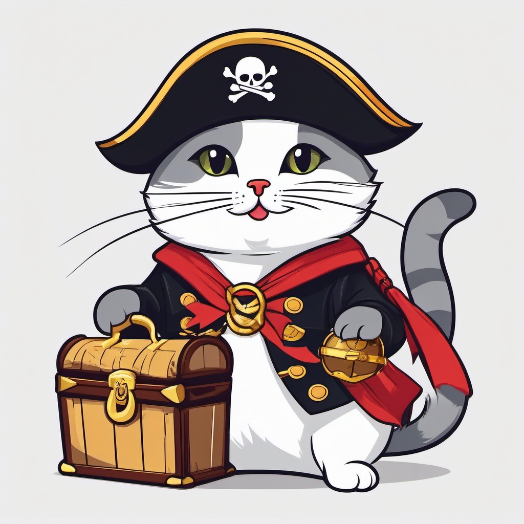 Cat dressed as a pirate with a treasure chest  minimalist design, white background, t shirt vector art