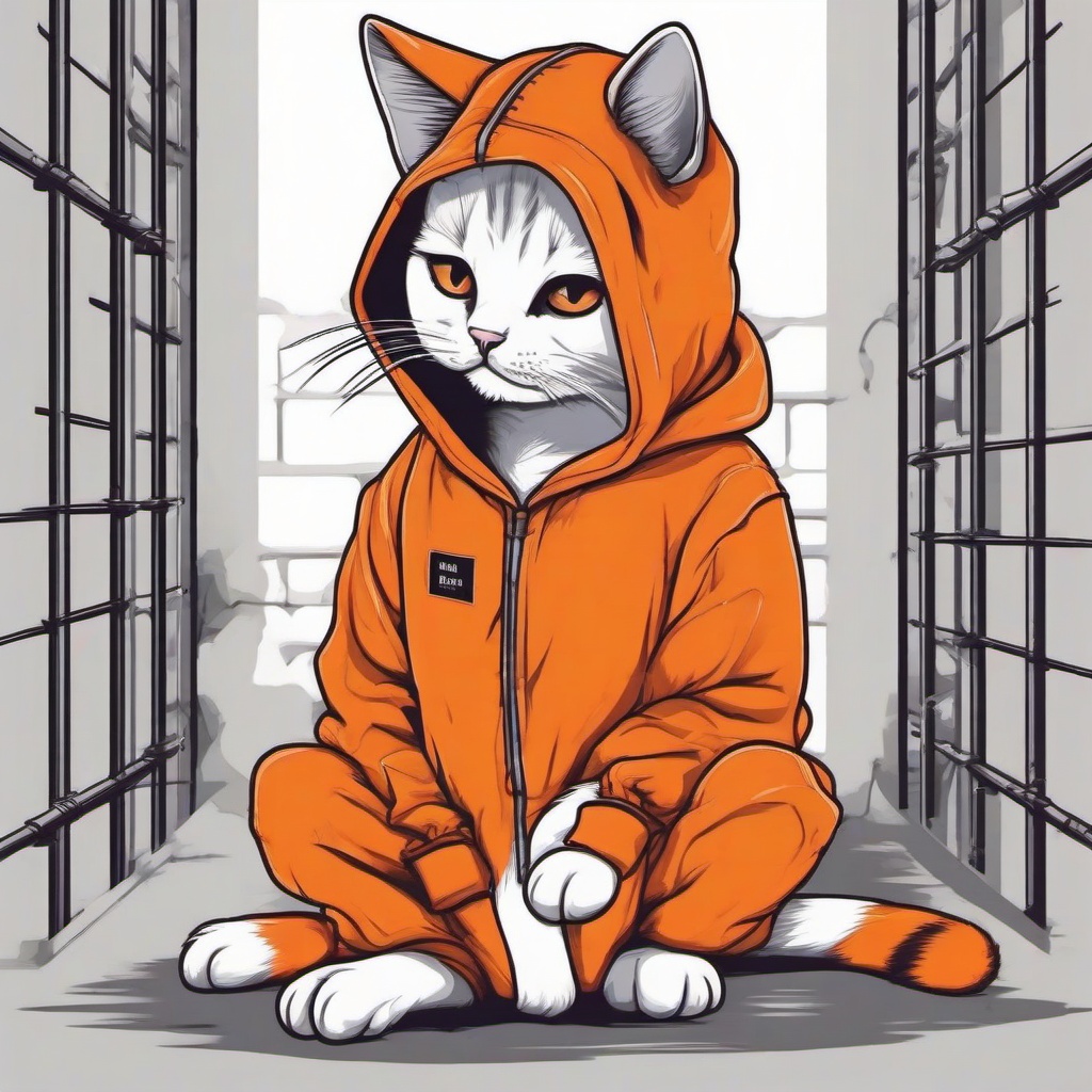 Dark aesthetic, a cute cat wearing an inmate orange jumpsuit outfit in prison, high detail,white background,tshirt design  colors,professional t shirt vector design, white background