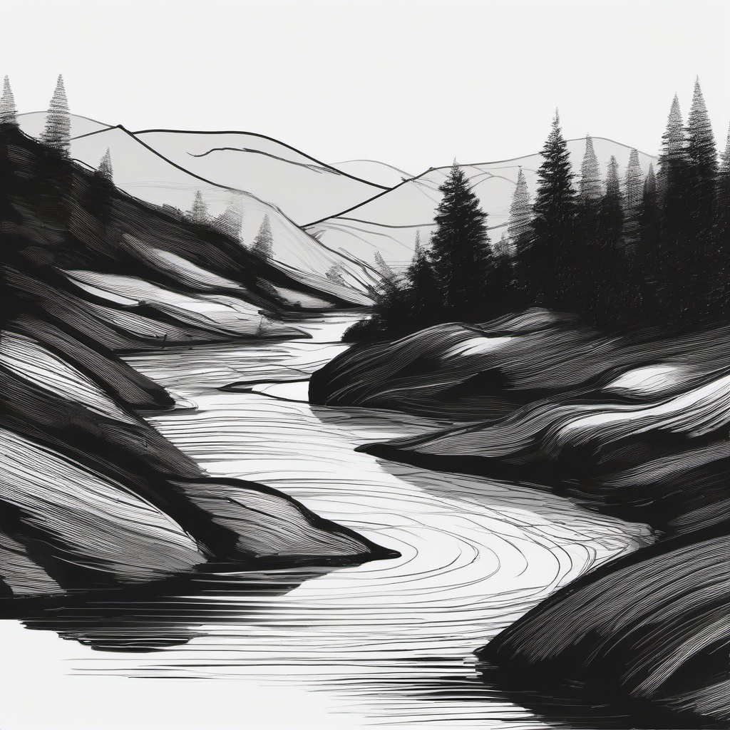 drawing of a river  minimal rough scribbles,doodles,black and white