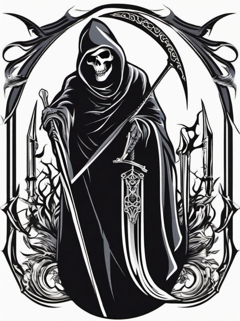 Reaper Tattoo-Eerie and symbolic tattoo featuring the Grim Reaper, representing death and the afterlife with creative design elements.  simple color vector tattoo
