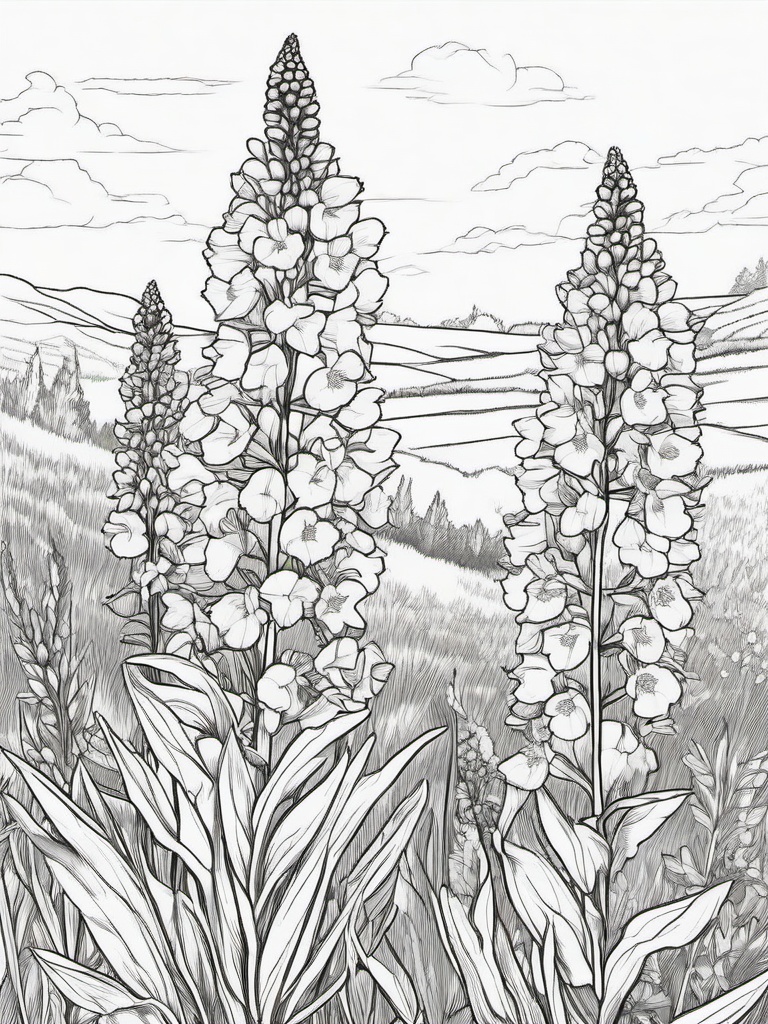 Verbascum coloring page sheet - Verbascum flowers standing tall in a wild meadow.  black outline printable coloring page