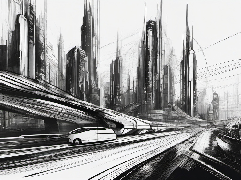 drawing of a futuristic cityscape  minimal rough sketch scribbles,doodles,black and white