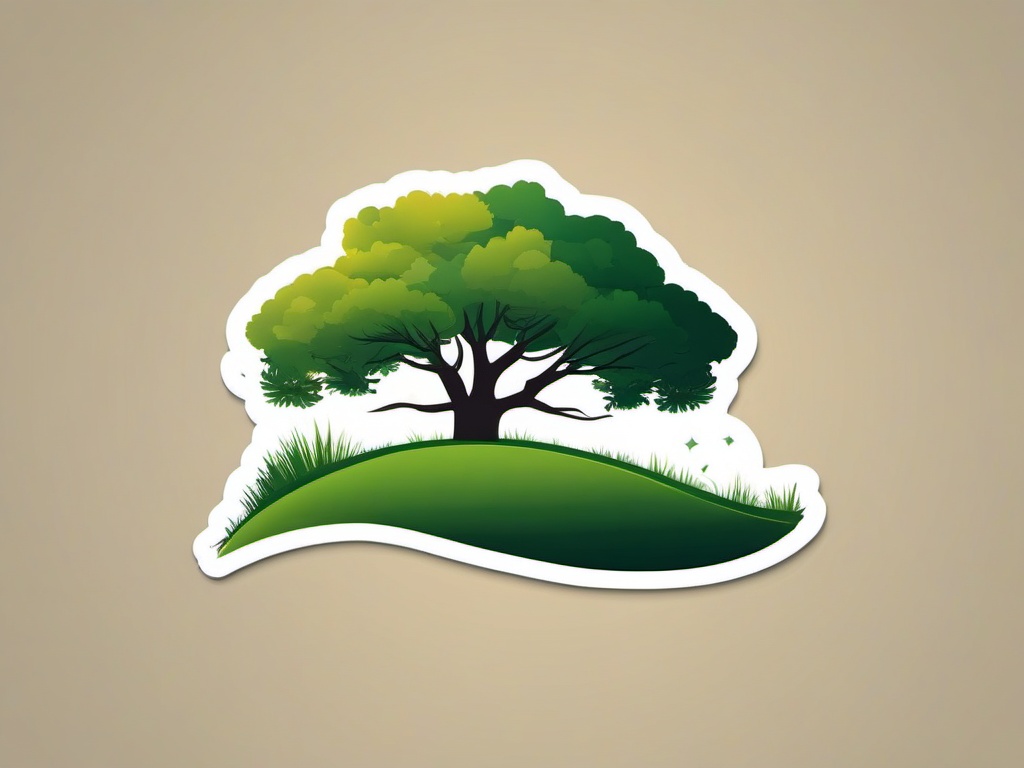 Tree on Hill Sticker - Lone tree atop a grassy hill, ,vector color sticker art,minimal