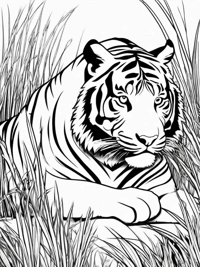 Tiger Coloring Pages - Tiger blending in with the tall grass  simple coloring pages