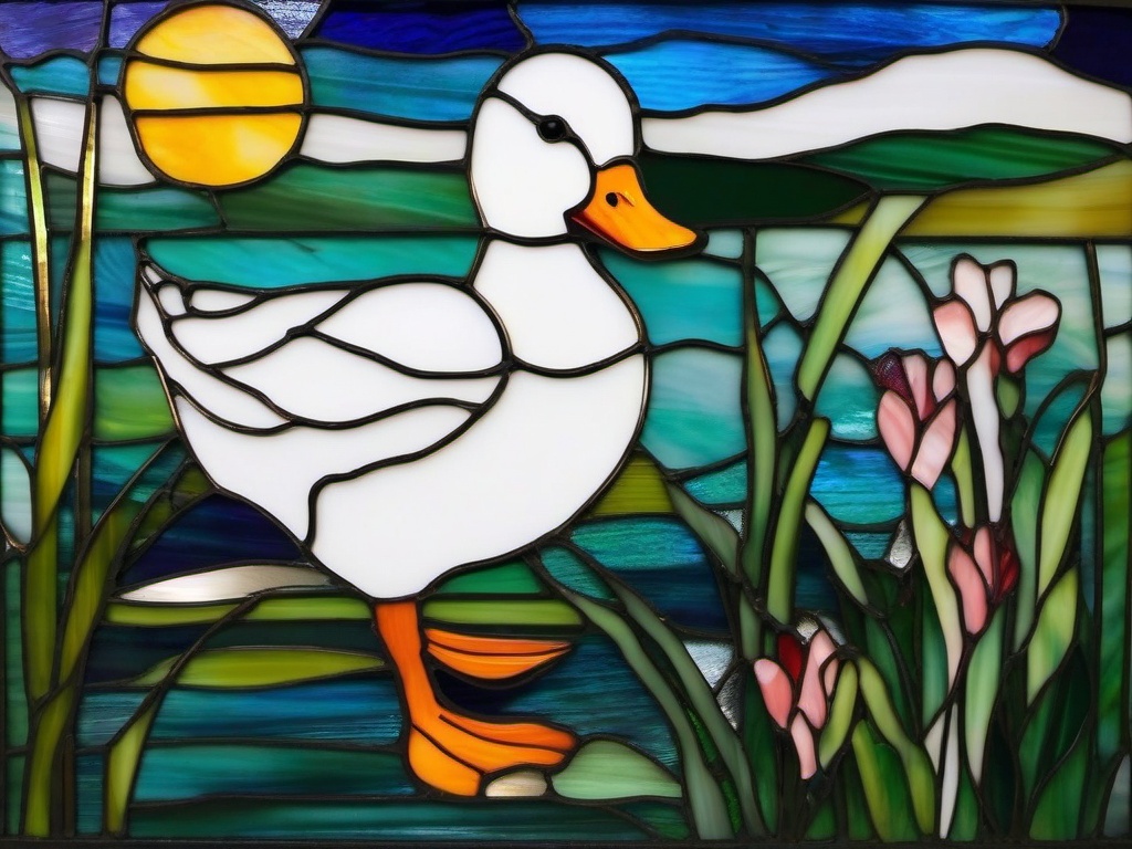 Stained Glass White Duck - White duck waddling through yard  