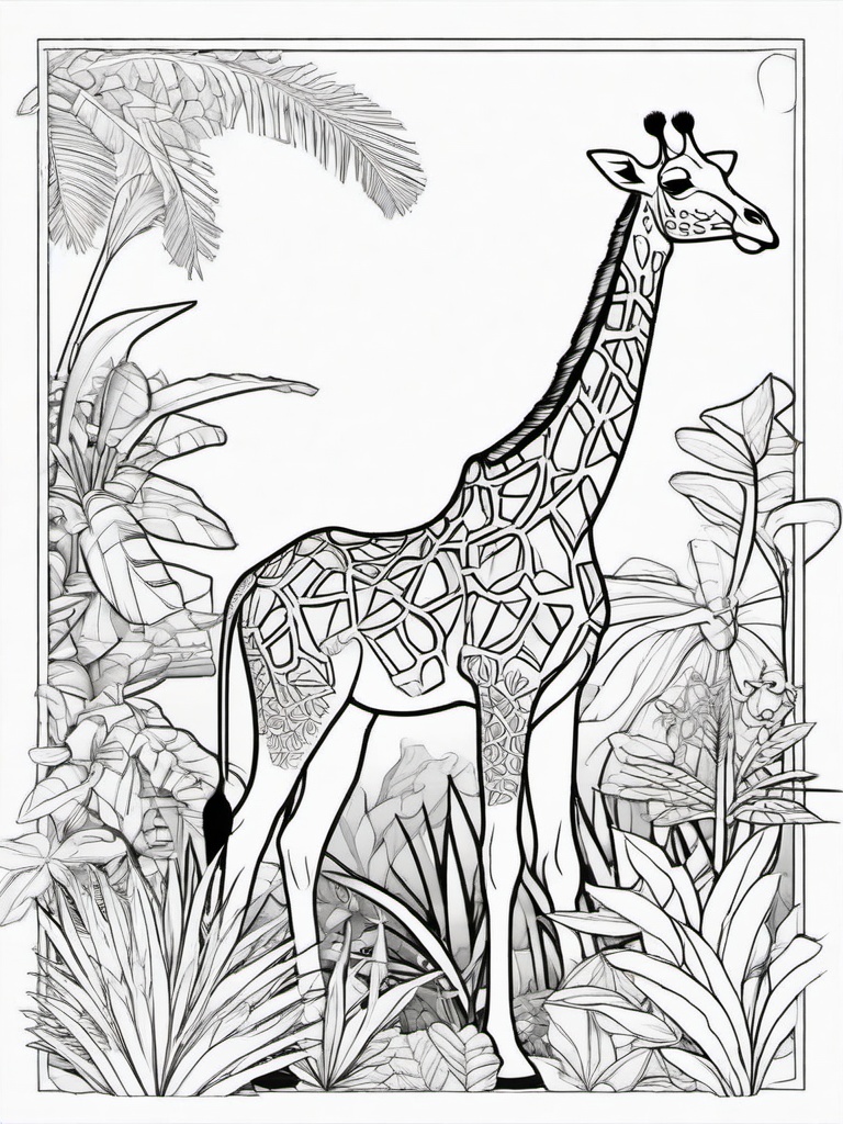 Giraffe Coloring Pages - Giraffe in a jungle filled with exotic plants  simple coloring pages