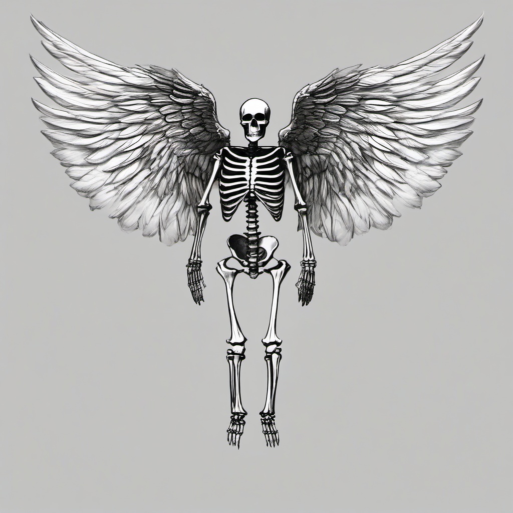 drawing of a skeleton with wings  minimal rough sketch scribbles,doodles,black and white