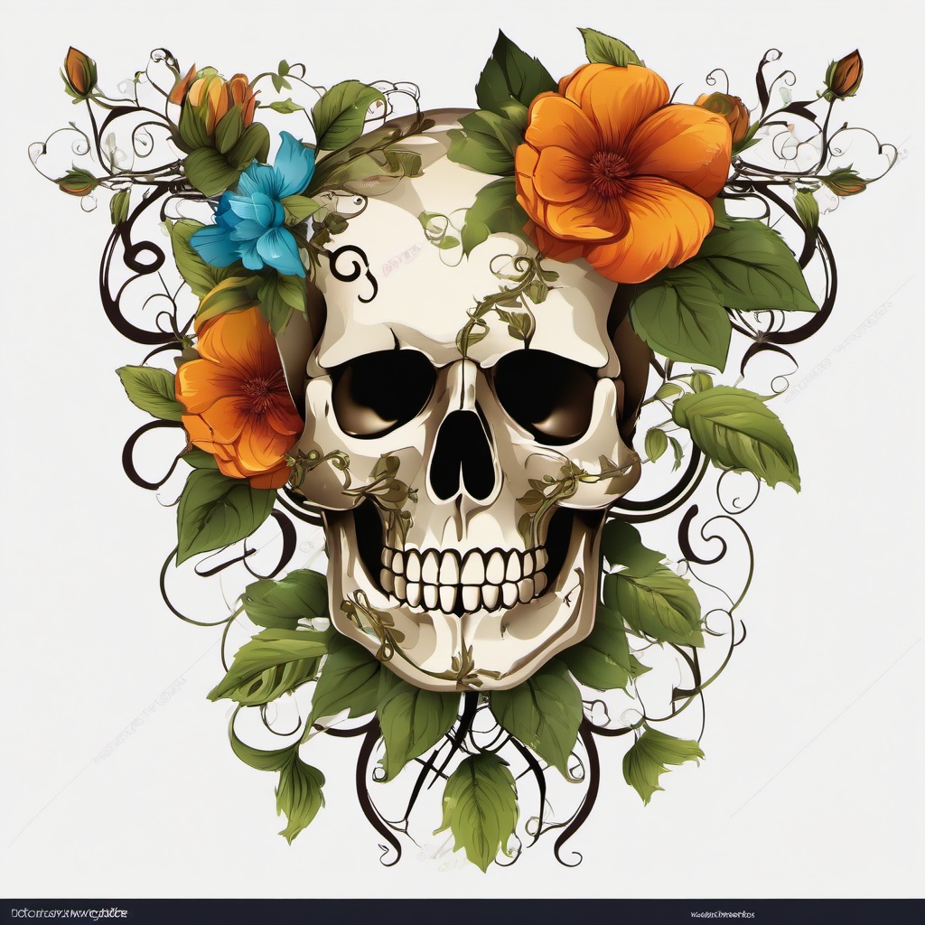 Skull clipart - decorative skull with flowers and vines  