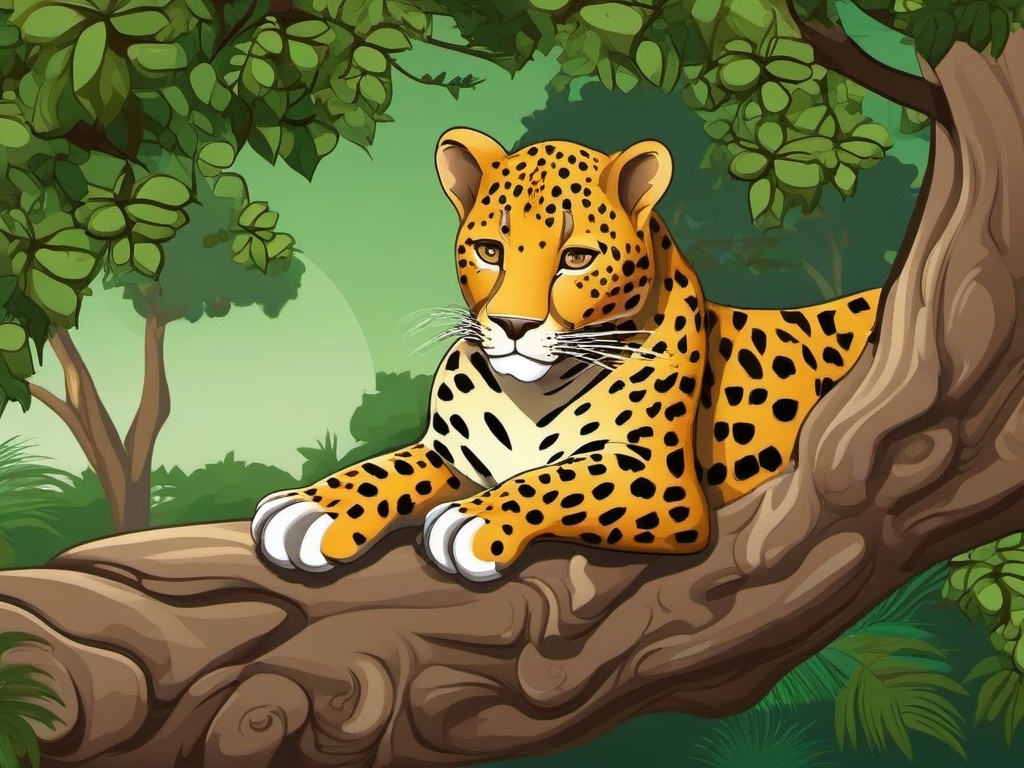 Leopard Cartoon - Cartoon of leopard relaxing on tree  