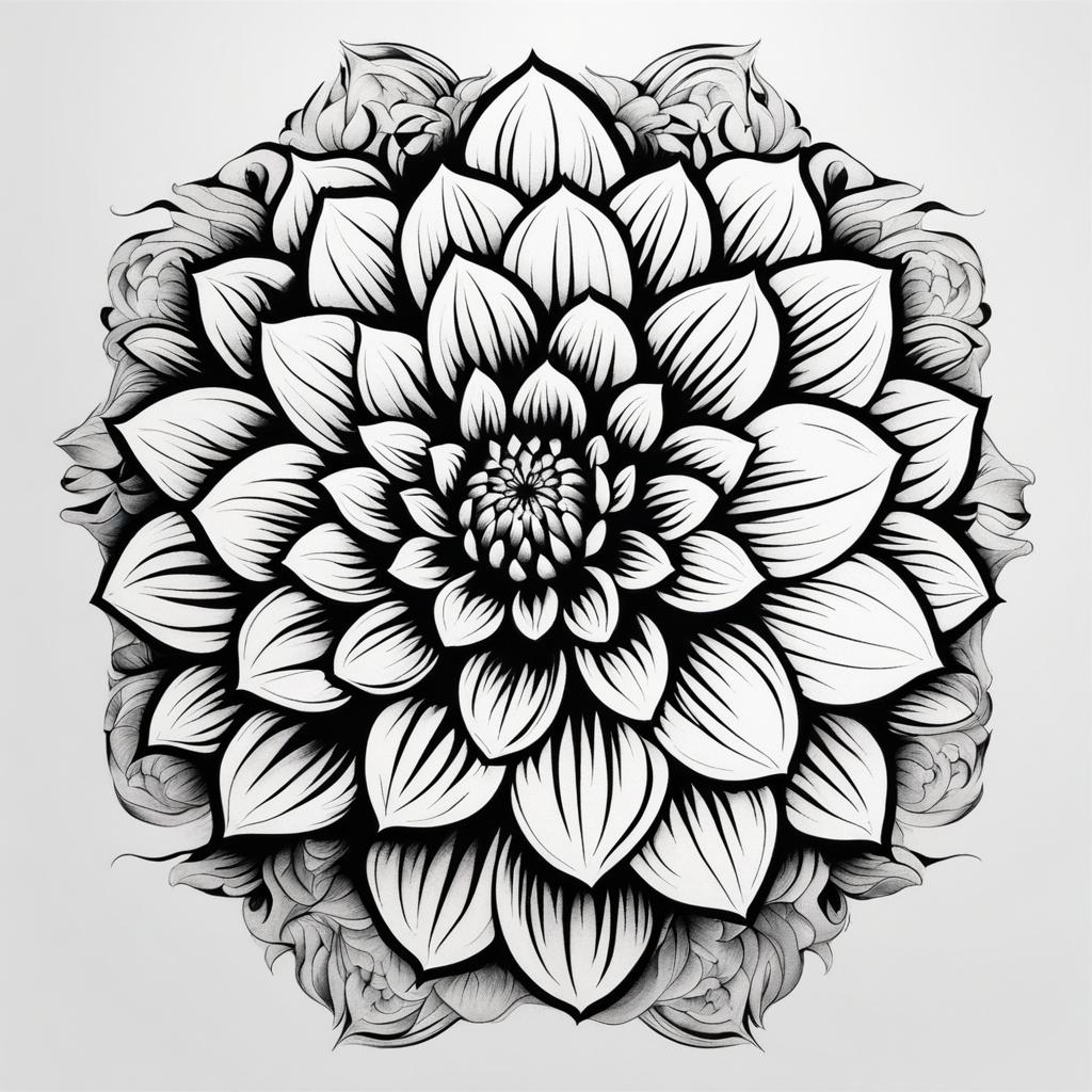 Dahlia tattoo, Tattoos inspired by the vibrant and intricate dahlia flower.  vivid colors, white background, tattoo design