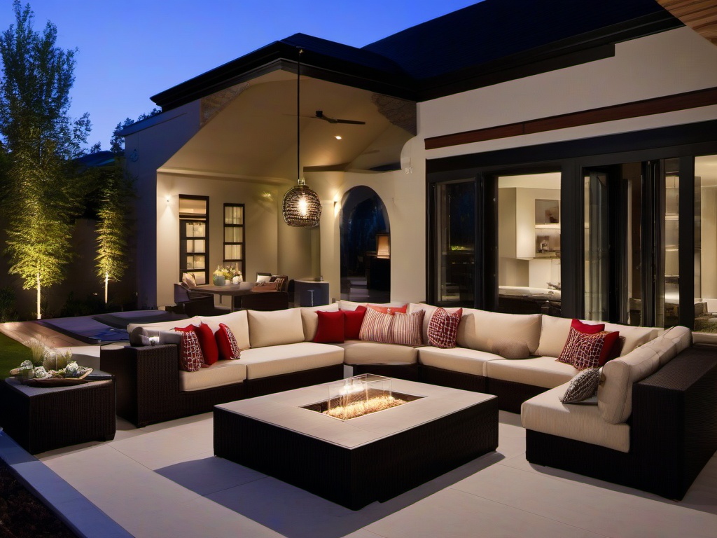 Contemporary patio showcases a spacious sectional sofa, bold accent cushions, and stylish lighting, creating an inviting area for socializing and enjoying the outdoors.  