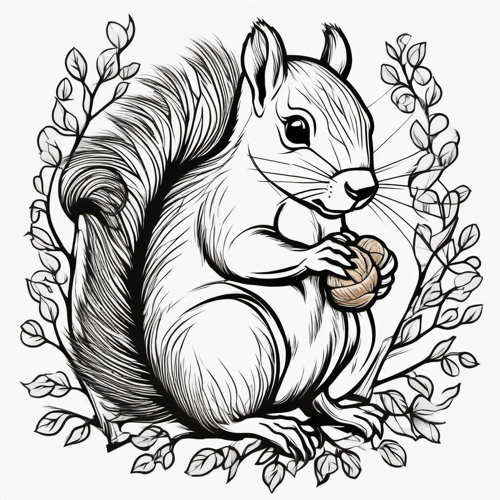 Squirrel Tattoo - Energetic squirrel gathering acorns in a tree  few color tattoo design, simple line art, design clean white background