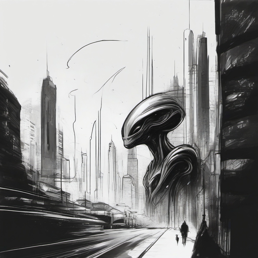 drawing of an alien in a city  minimal rough sketch scribbles,doodles,black and white