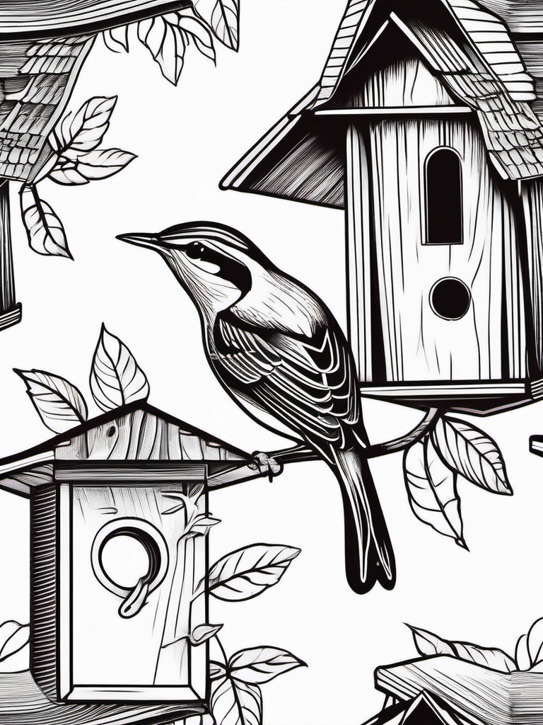 Wren Tattoo - Wren building a tiny nest inside a birdhouse  few color tattoo design, simple line art, design clean white background