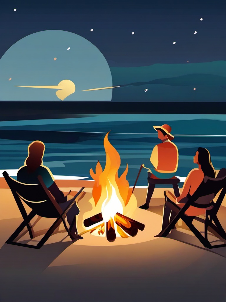 August clipart - August bonfire with friends at the beach  