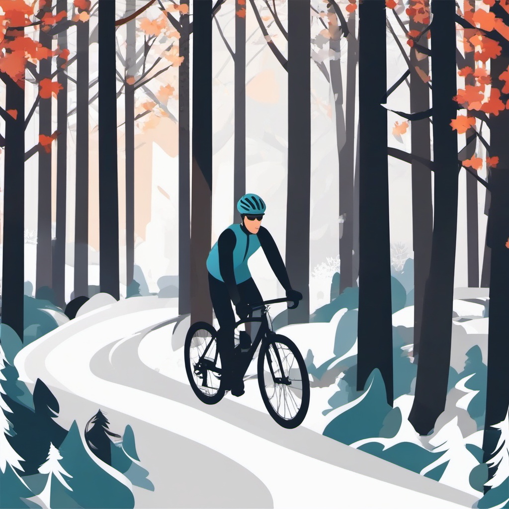 Winter Cycling clipart - Bicycling through a snowy forest, ,vector color clipart,minimal