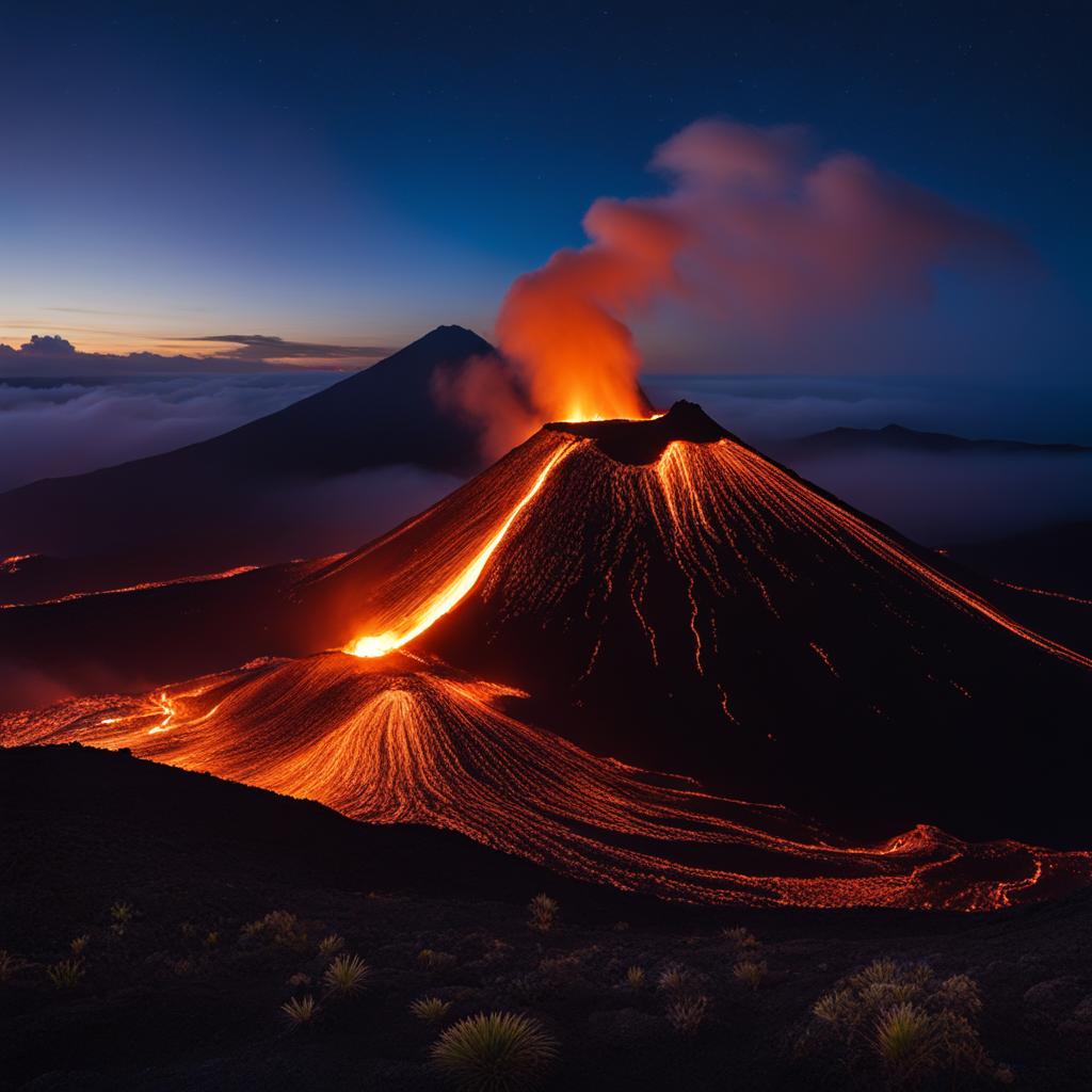 pacaya volcano - create a night scene of pacaya volcano in guatemala, just across the border, where the fiery lava flows and starry skies create a mesmerizing contrast. 