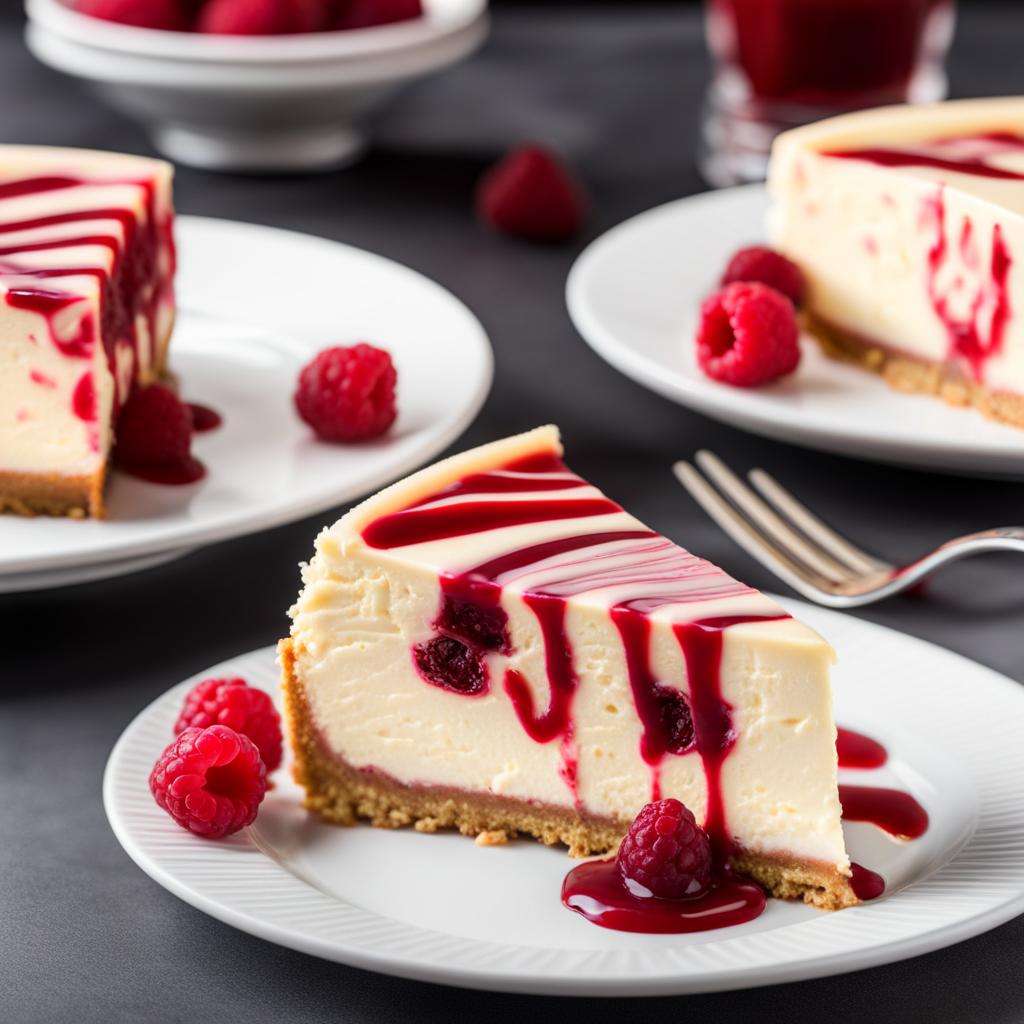 a slice of decadent white chocolate raspberry cheesecake, with swirls of raspberry coulis. 