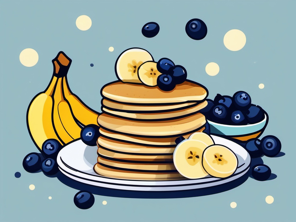 Banana and Blueberry Pancakes Clipart - Pancakes with banana and blueberries.  color vector clipart, minimal style