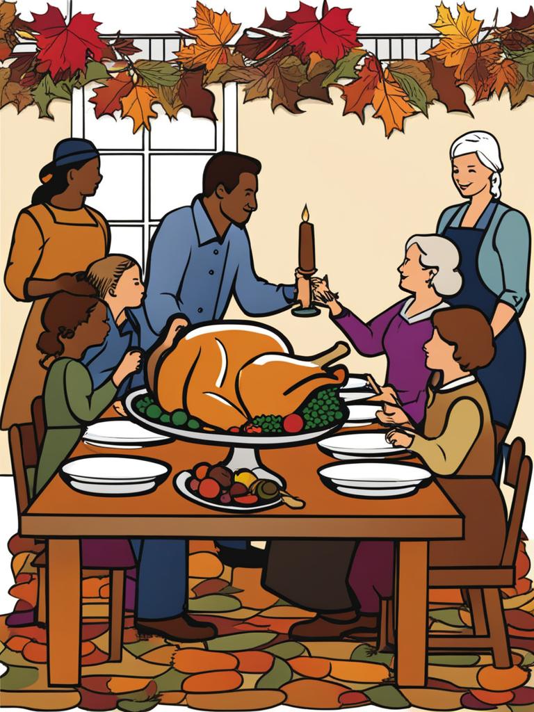 thanksgiving clip art: celebrating around a harvest feast table. 