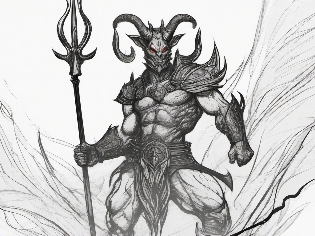 drawing of a demon with a trident  minimal rough sketch scribbles,doodles,black and white