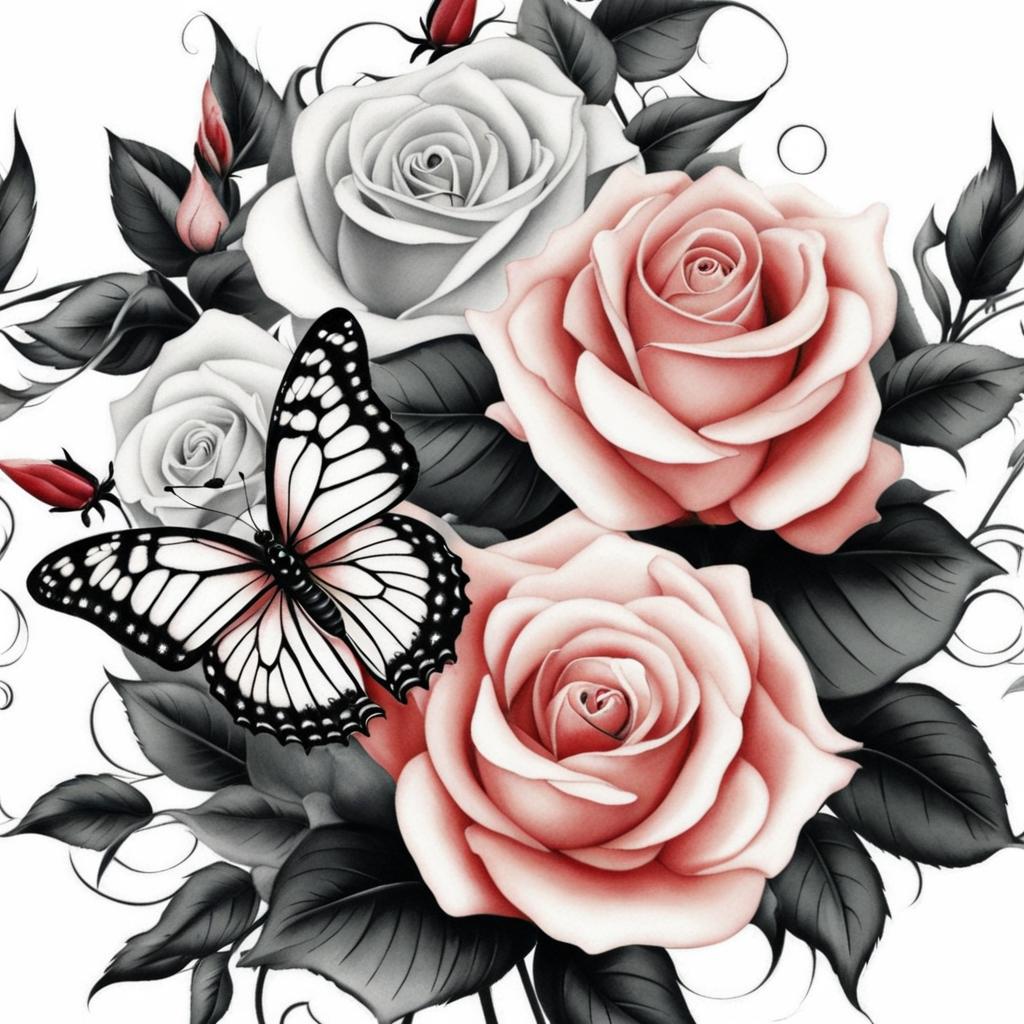 Butterfly rose tattoo, Elegant tattoos featuring both roses and butterflies. , color tattoo design, clean white background