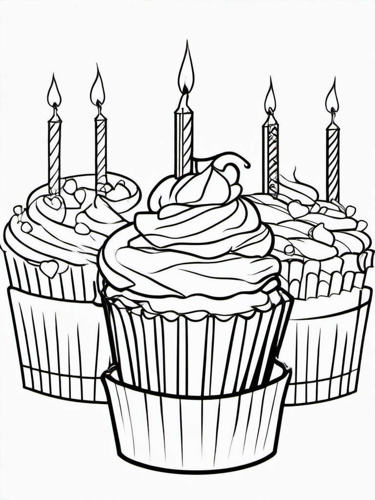 Birthday Cupcakes with Candles Coloring Pages - Cupcakes with Lit Candles  minimal black outline printable sheet, coloring page