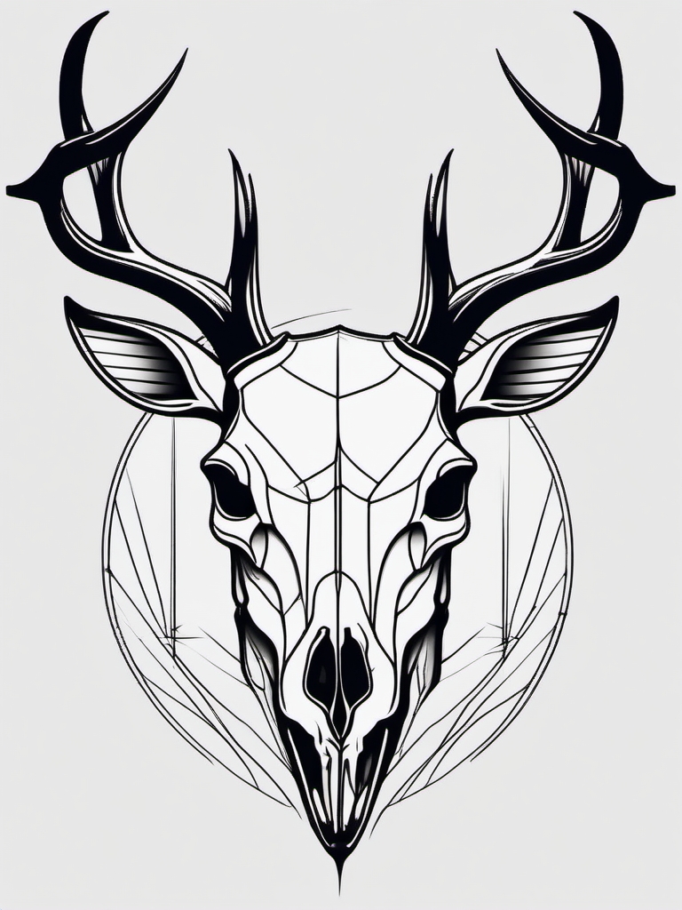 Clean lines sketch a deer skull, understated and timeless.  black and white tattoo style