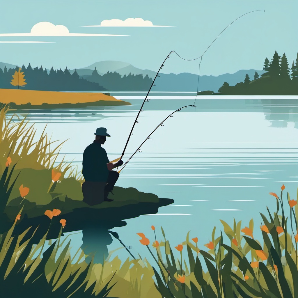 Fishing pole clipart, Man fishing by the serene lake.  simple, 2d flat