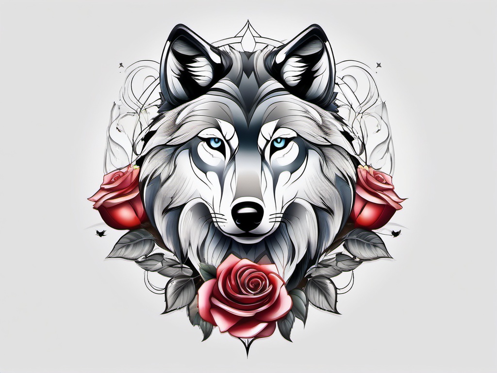 Wolf Rose Tattoo,fusion of the wolf and the rose, perfect blend of the wild and the delicate. , tattoo design, white clean background