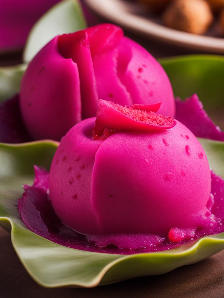 dragon fruit and lychee sorbet, a vibrant dessert, devoured on a sunny vietnamese beach. 