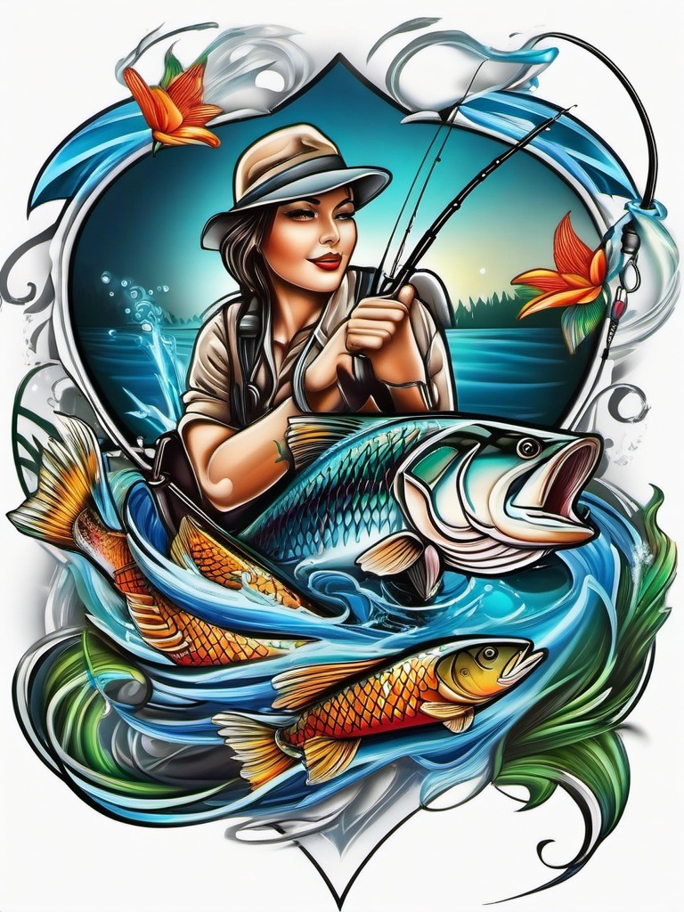 Gone Fishing Tattoo,a tattoo celebrating the love for fishing, capturing the excitement and passion of the sport. , color tattoo design, white clean background