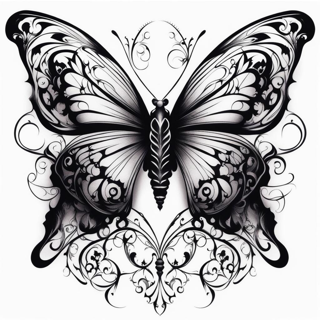 Gothic butterfly tattoo, Butterfly tattoos with a dark and gothic aesthetic.  viviid colors, white background, tattoo design