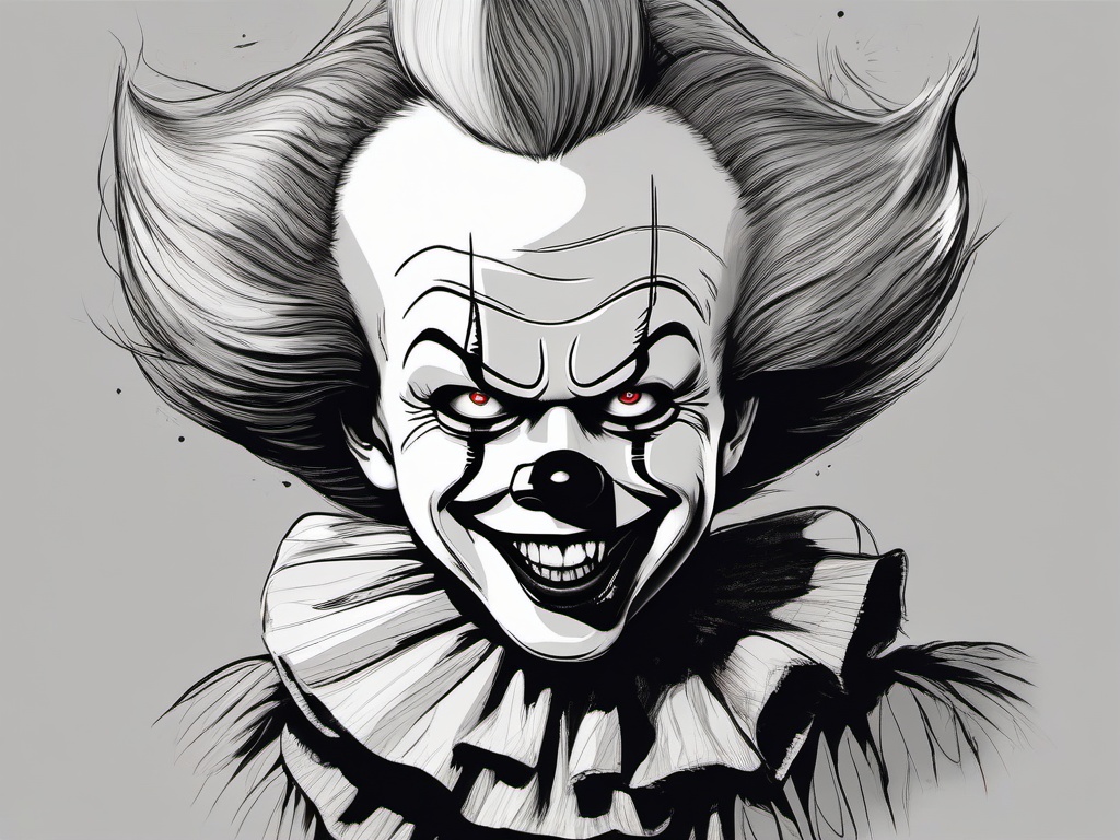 drawing of Pennywise with his razor-sharp teeth  minimal rough sketch scribbles,doodles,black and white