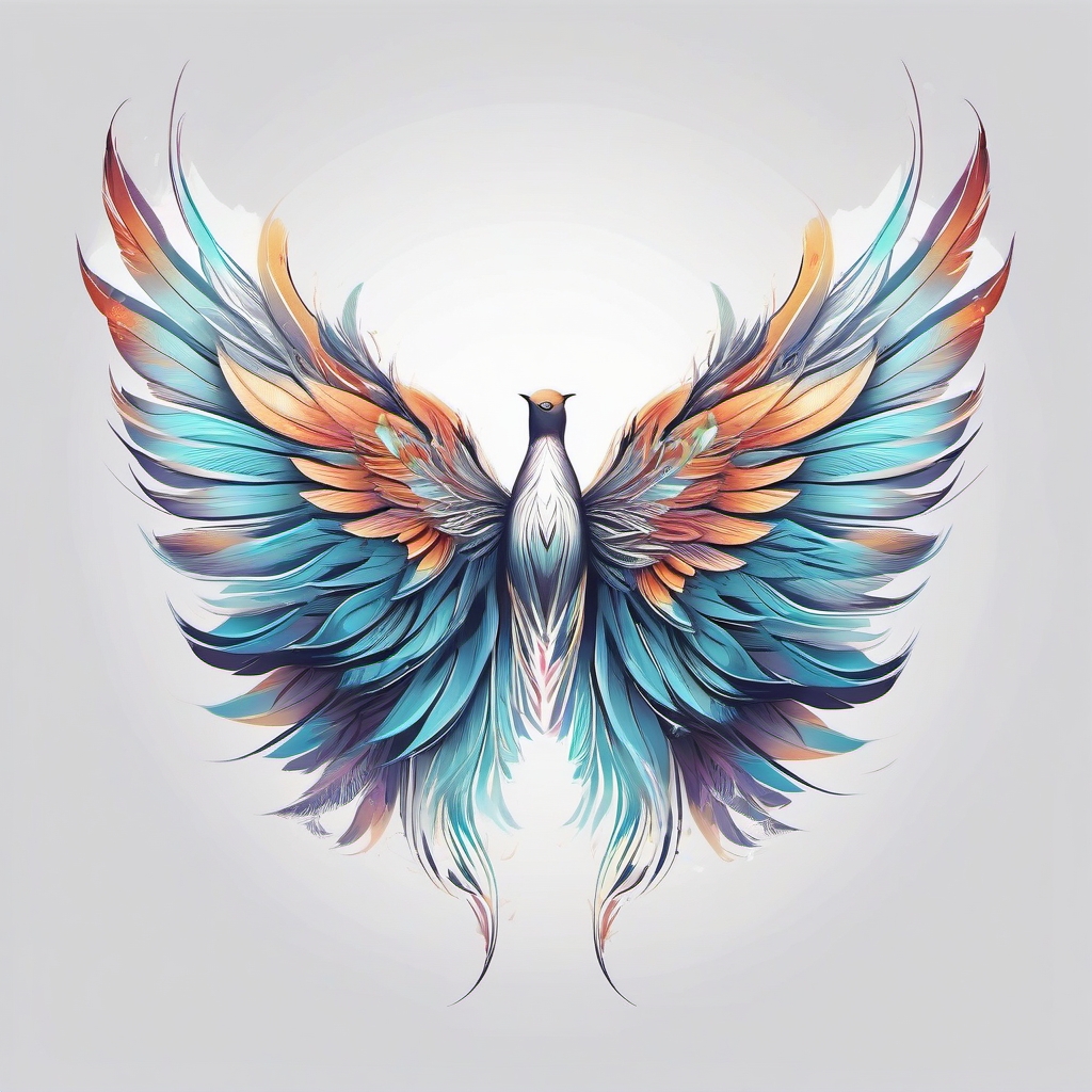 Ethereal Wings,Bird with otherworldly, celestial feathers.  color tattoo style, minimalist design, white background