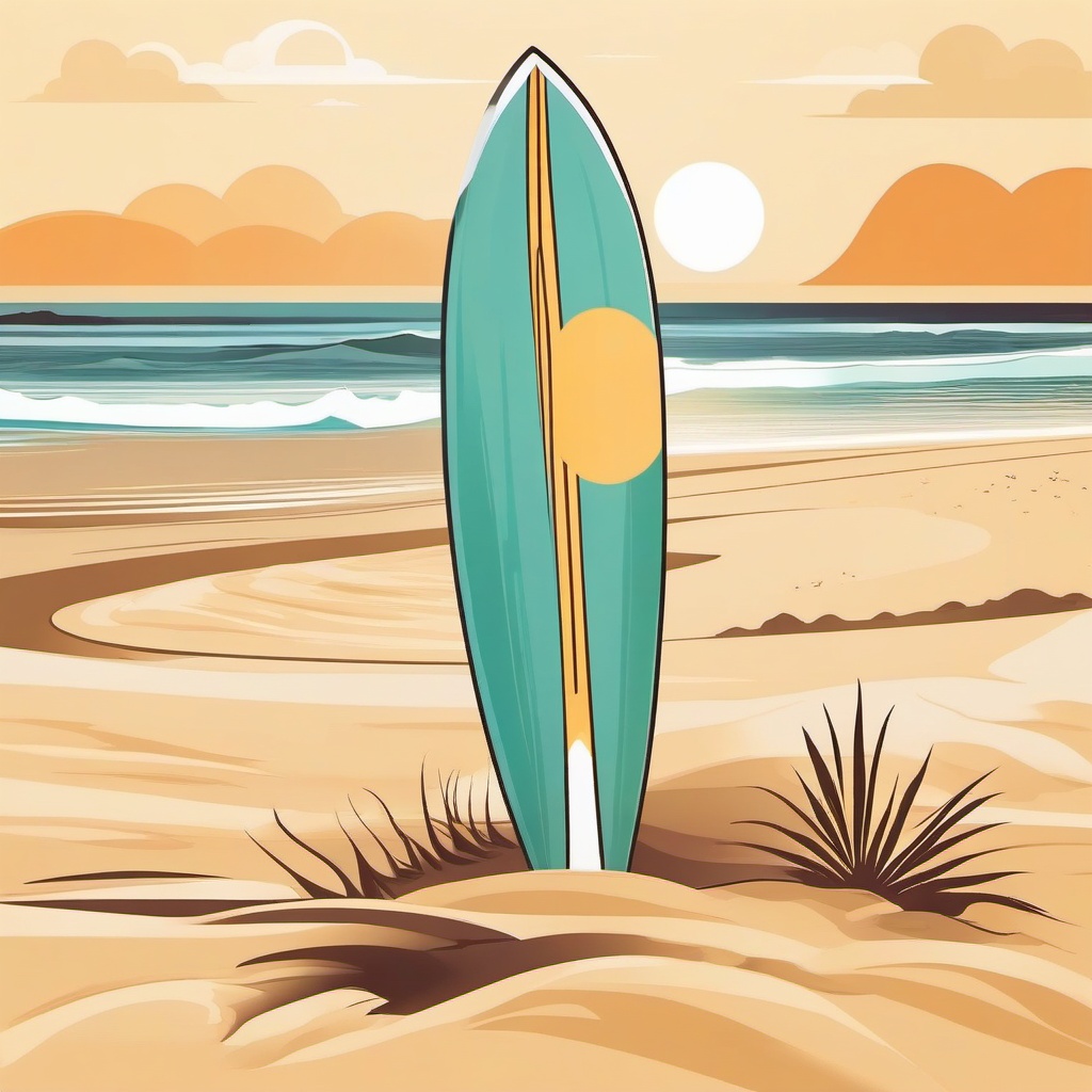 Surfboard on the Beach Sand Clipart - A surfboard on sandy beach shores.  color vector clipart, minimal style