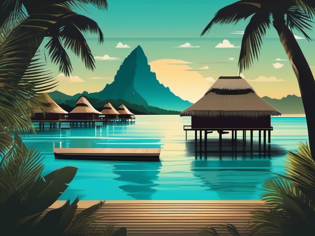 Bora Bora sticker- Polynesian paradise with overwater bungalows, , sticker vector art, minimalist design