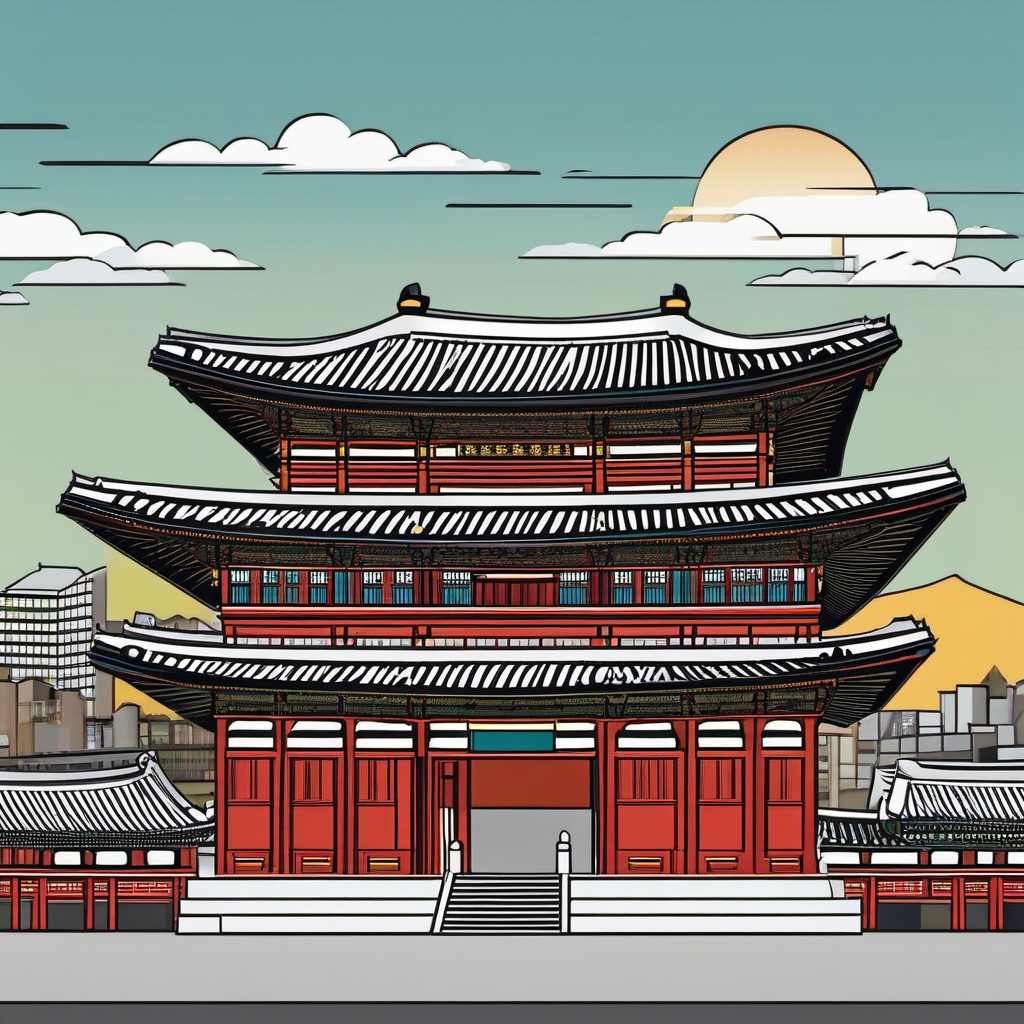 Seoul clipart - Gyeongbokgung Palace and Seoul skyline, ,color clipart vector style