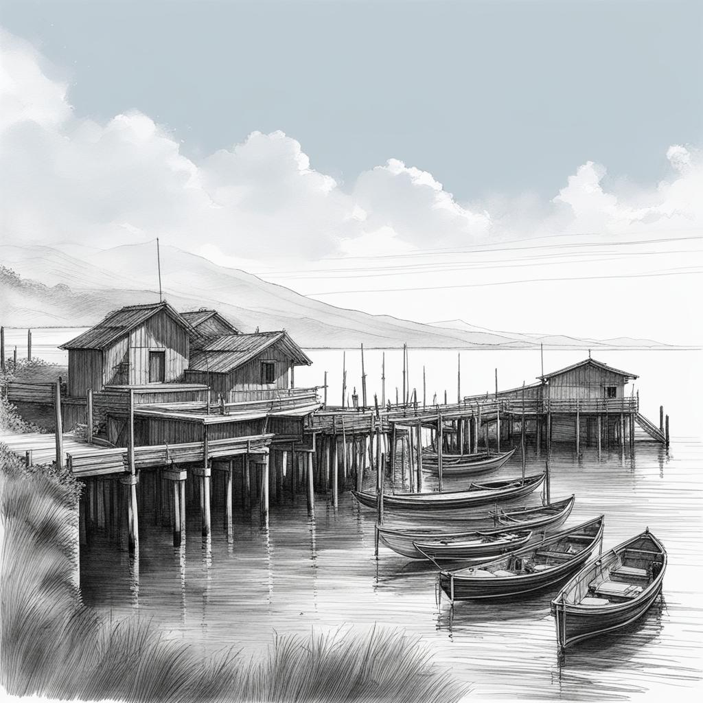 trabocchi coast wonders - sketch the wonders of the trabocchi coast, featuring traditional wooden fishing platforms and rugged coastline. 