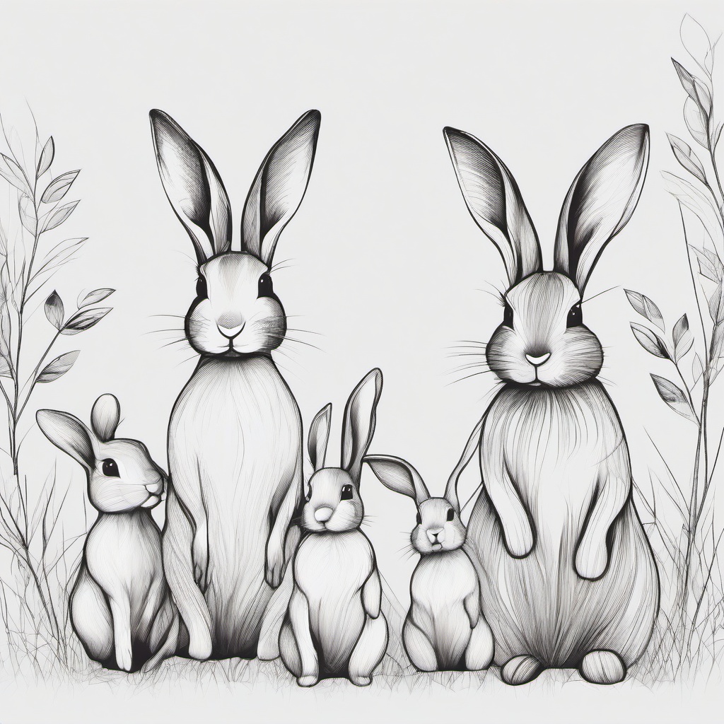 drawing of a bunny family  minimal rough sketch scribbles,doodles,black and white