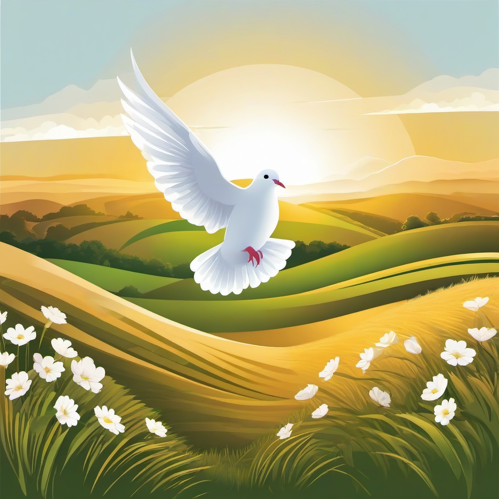 Dove flying over an open field clipart.  vector style illustration, white background