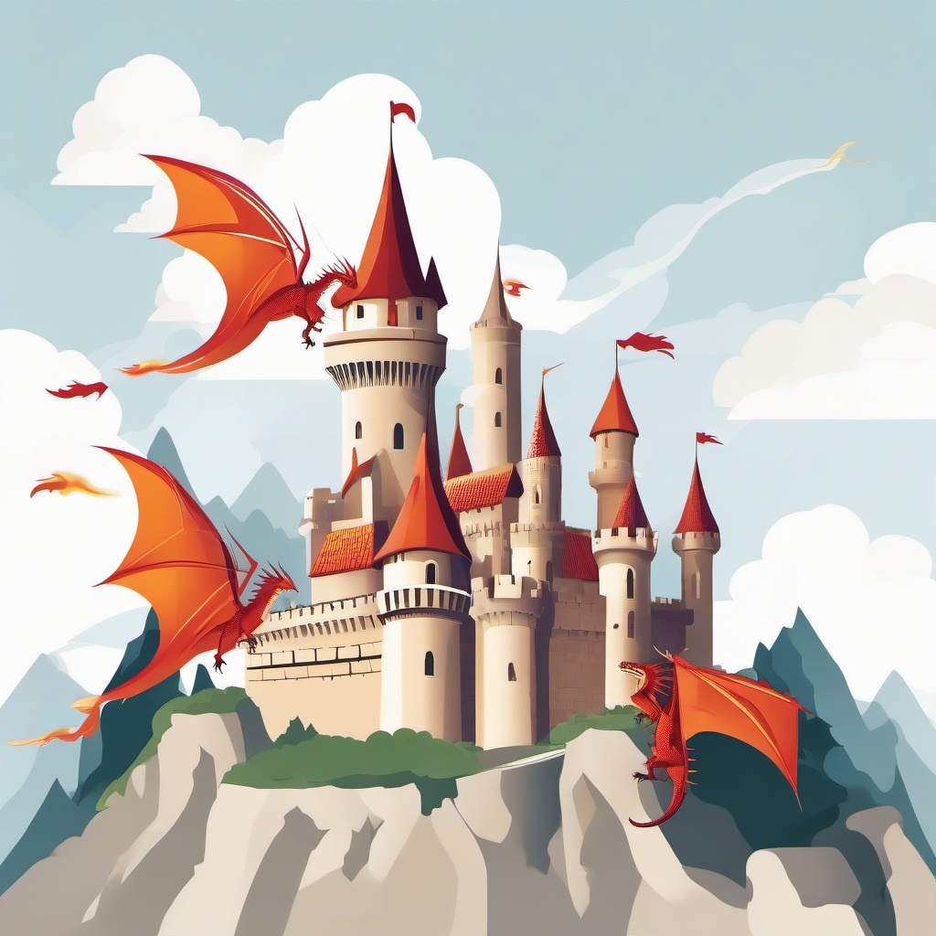 Castle with fire-breathing dragons flying overhead clipart.  vector style illustration, white background