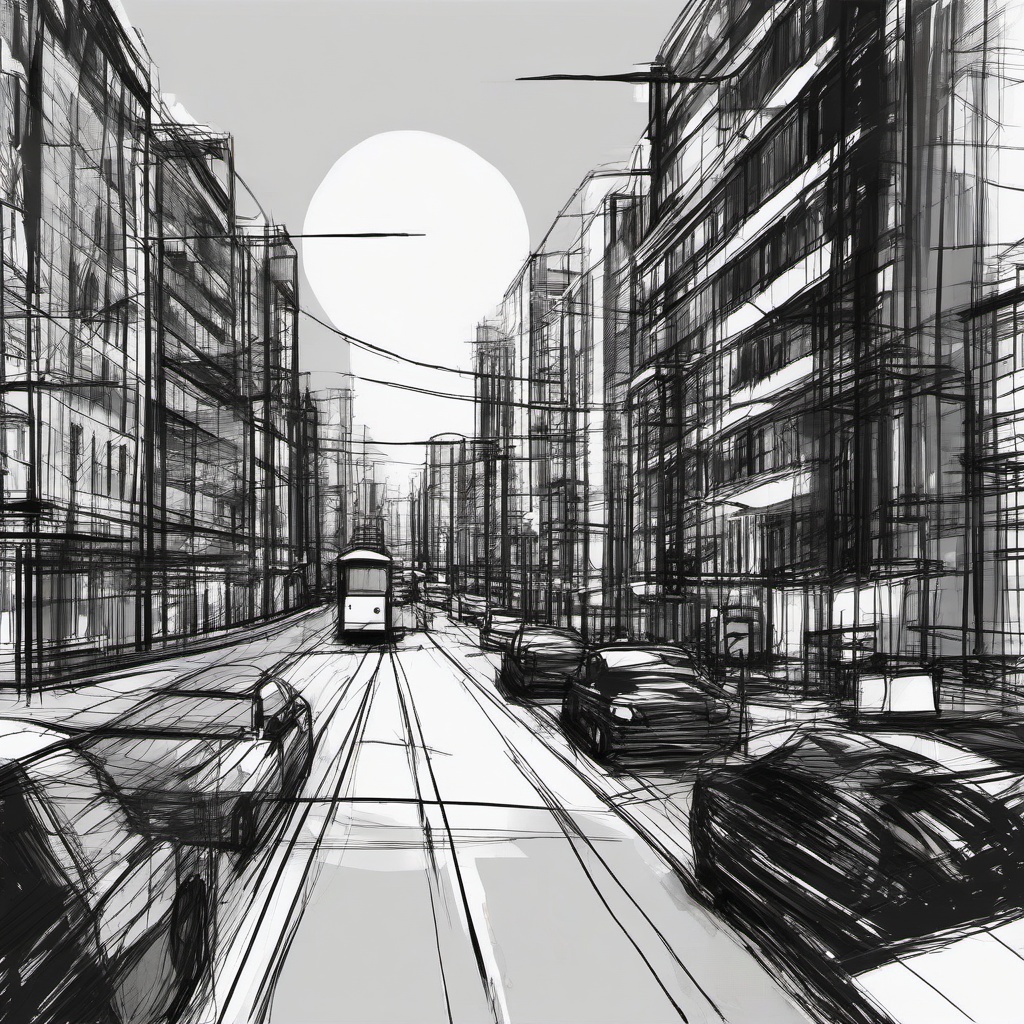 drawing of a sunset in a city  minimal rough sketch scribbles,doodles,black and white