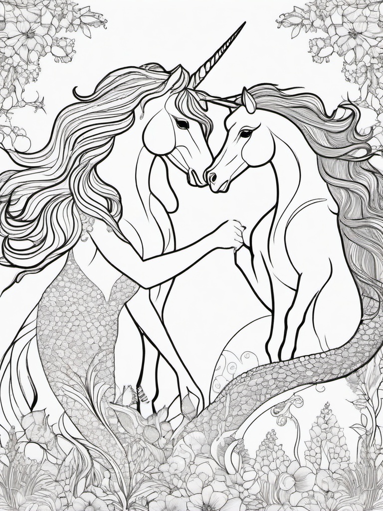 Unicorn and Mermaid Coloring Pages - Fantasy Creatures Together in Harmony  minimal black outline printable sheet, coloring page