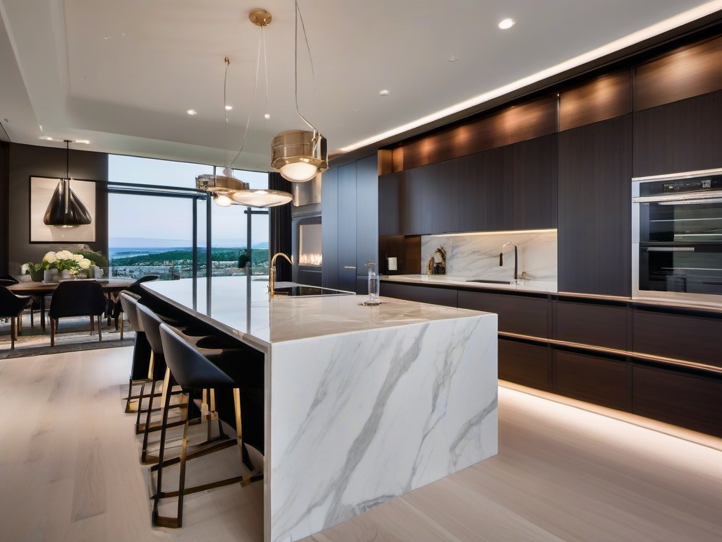 Contemporary kitchen is a masterpiece of design with polished Calacatta marble countertops, seamless Gaggenau appliances, and exquisite pendant lighting for a refined, modern aesthetic.  