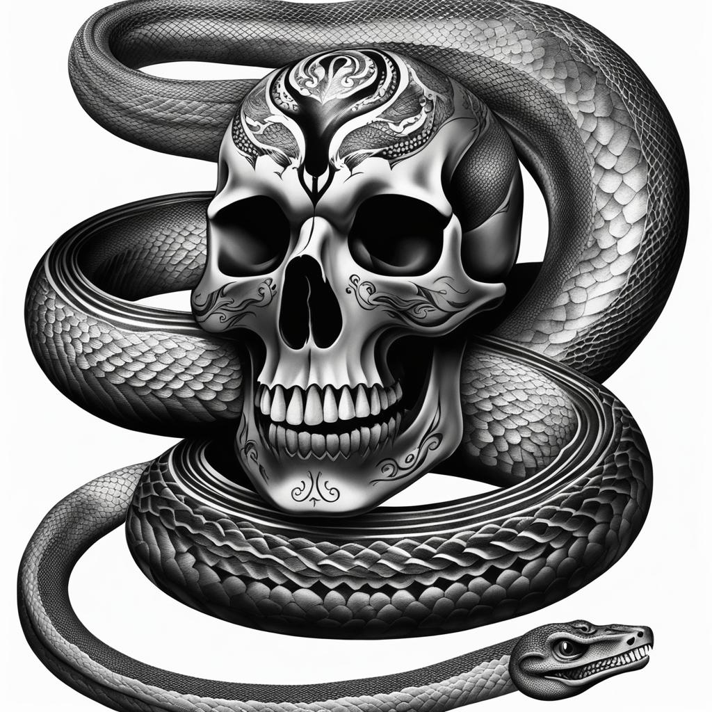 Snake with skull tattoo, Tattoos that combine the symbolism of snakes with skull imagery. colors, tattoo patterns, clean white background